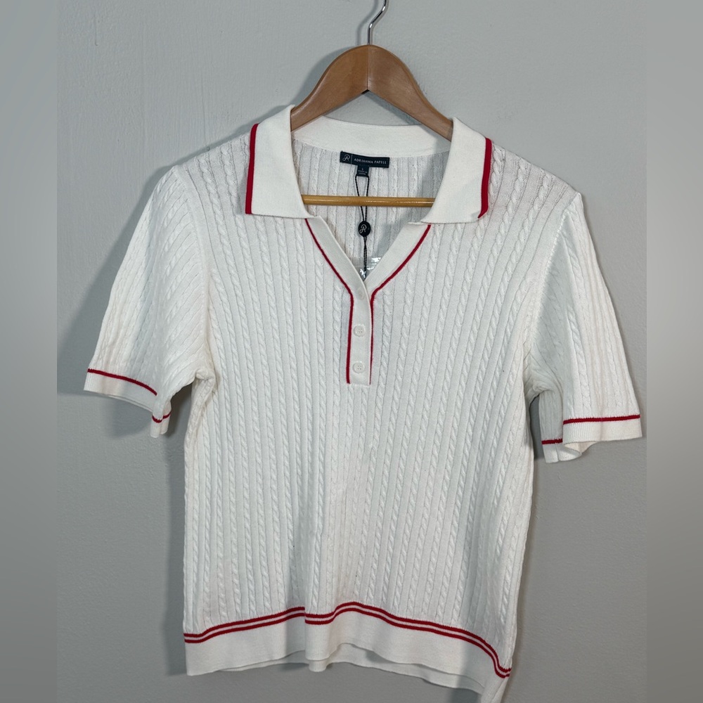 Adrianna Papell Cable Knit Polo Collar Top White Red Trim Size L NWT - Picture 2 of 6